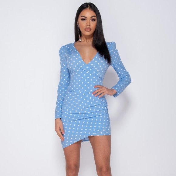 Dresses & Skirts - Polka Dot Long Sleeve V-Neck Bodycon Mini Dress
